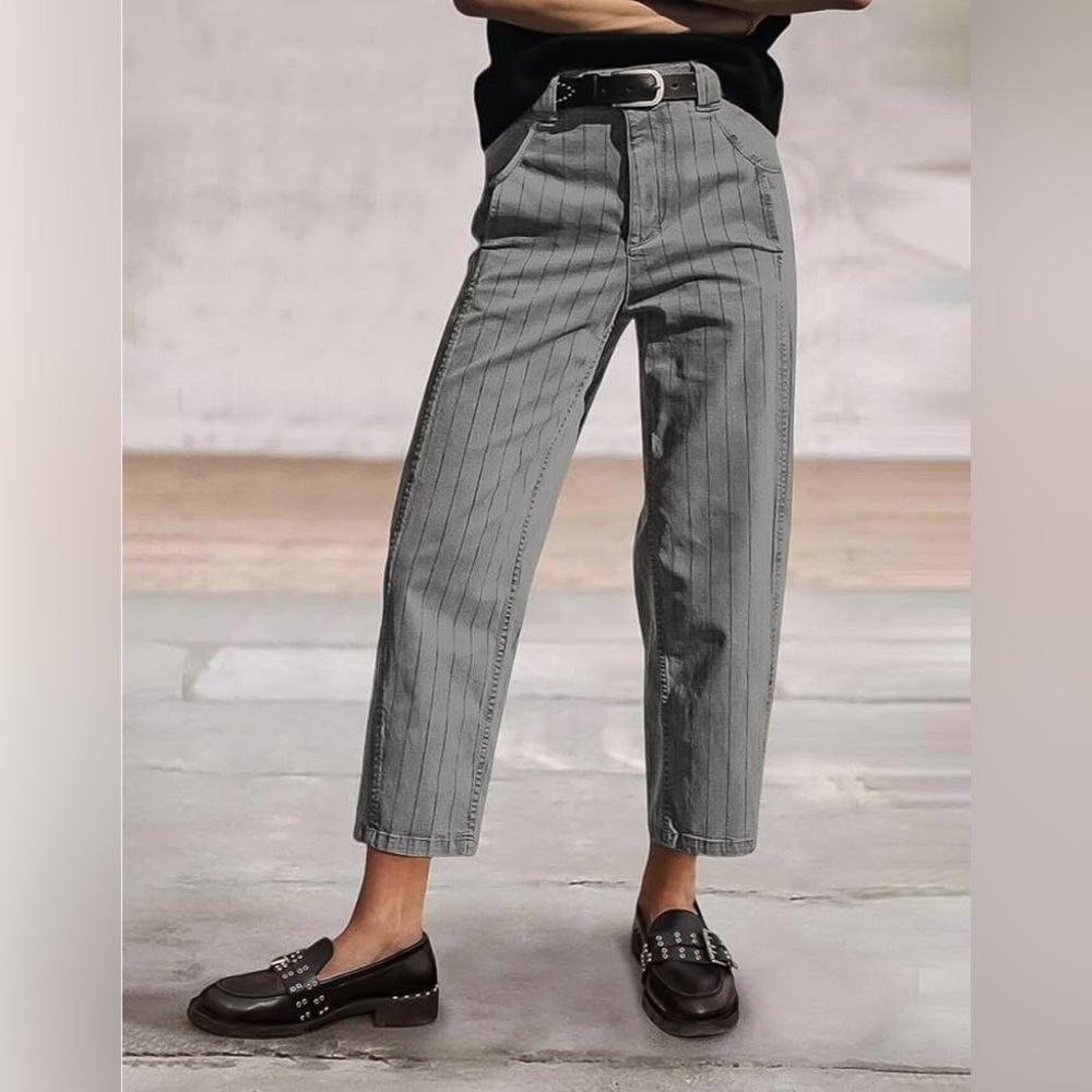 Flamingals Pinstriped Mid Waist Straight Leg Crop Pants
